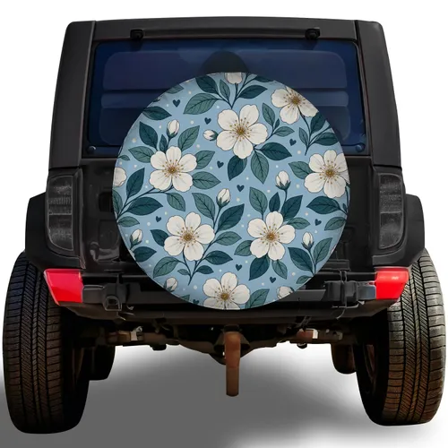 Vintage White Blossom Botanical Floral For RV Camping Travel Outdoor Enthusiasts Spare Tire Cover