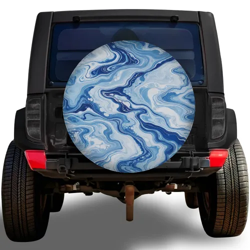 Blue White Fluid Marble Abstract for Coastal Road Trips by Travel Trailer RV SUV Owners Spare Tire Cover