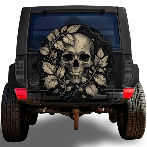 Weathered Skull And Wild Leaves Gothic Road Trip Style For RV SUV Truck Camping Fans Spare Tire Cover