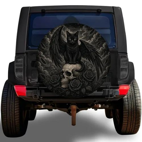 Black Winged Cat On Skull With Roses For Gothic Jeep And Outdoor Adventure Lovers Spare Tire Cover
