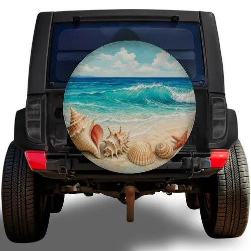 Ocean Wave Seashell Beach Scene For Coastal Road Trips RV Campers And Beach Lovers Spare Tire Cover