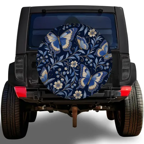 Midnight Blue Butterfly Botanical Garden For Jeep SUV Road Trip Adventure Enthusiasts Spare Tire Cover
