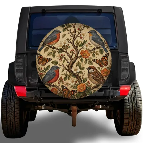 Vintage Songbirds Butterflies And Wildflowers For RV Camping And Outdoor Nature Lovers Spare Tire Cover
