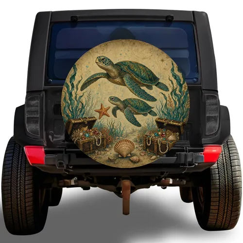 Vintage Sea Turtle Treasure Scene for Coastal Road Trips RV Campers and Ocean Lovers Spare Tire Cover