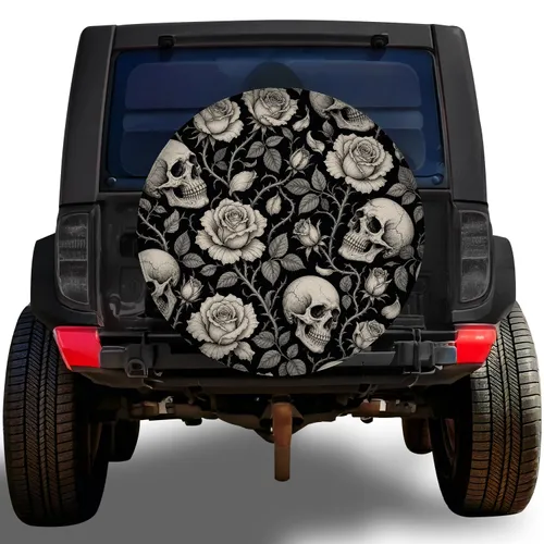 Gothic Skull And Rose Tattoo Style For Dark Romantic Off Road Adventure Enthusiasts Spare Tire Cover