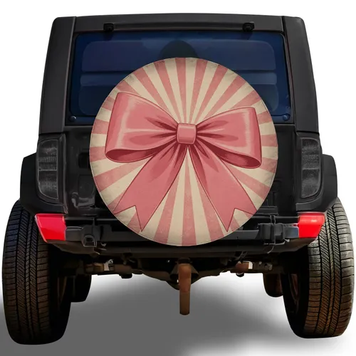 Vintage Pink Bow With Retro Rays For Festive Road Trips And Holiday Travel Gifts Spare Tire Cover
