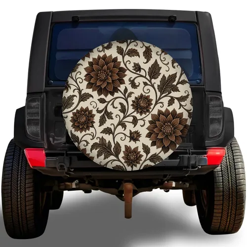 Vintage Brown Dahlia Floral Vine For Boho Trailer RV SUV Truck Camper Travel Road Trips Spare Tire Cover