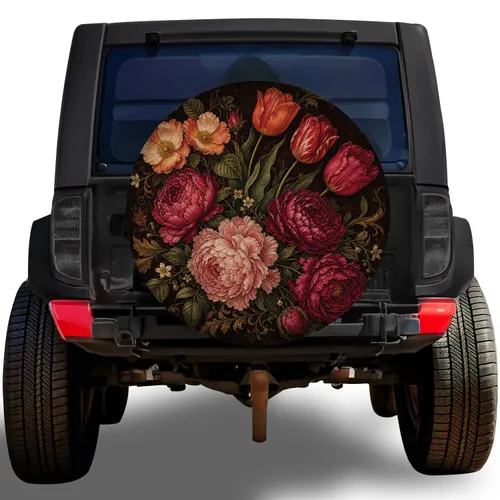 Vintage Baroque Tulips And Peonies For Elegant RV Trailer Camper Travel Road Trips Spare Tire Cover
