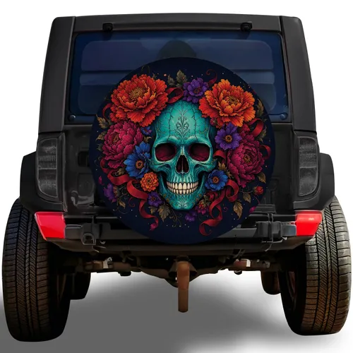 Gothic Turquoise Skull With Crimson Flowers For Halloween Road Trips And Jeep Owners Spare Tire Cover