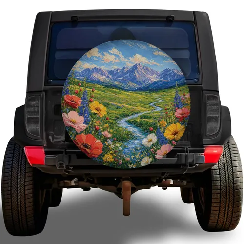 Alpine Wildflower Valley Oil Painting For Camping And Mountain Road Trip Lovers Spare Tire Cover