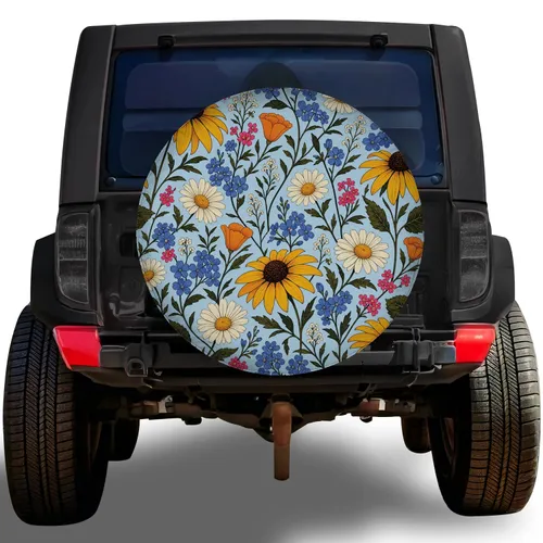 Wildflower Meadow Daisy Floral Garden Road Trip Accessory For Jeep SUV RV Owners Spare Tire Cover