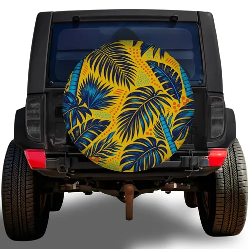 Navy Palm Fronds On Golden Yellow For Tropical Beach SUV Jeep Road Trip Adventure Style Spare Tire Cover