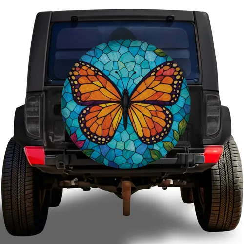 Monarch Butterfly Stained Glass Mosaic For RV Camping Trailer Travel Outdoor Style Spare Tire Cover