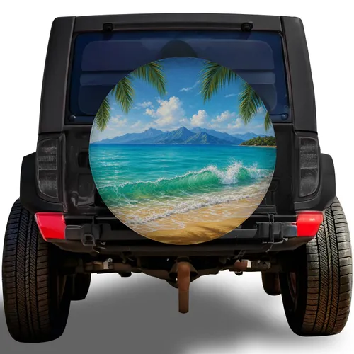 Tropical Beach Ocean Wave Scene for RV Camping, Trailer Travel and Coastal Road Trips Spare Tire Cover