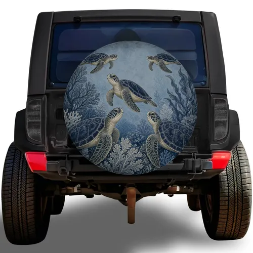 Blue Grey Sea Turtles And Coral Reef Ocean Theme For RV Camping Trailer Travel Trips Spare Tire Cover