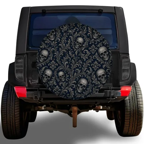 Gothic Skull Damask Motifs For Dark Academia Road Trips And Halloween Enthusiasts Spare Tire Cover