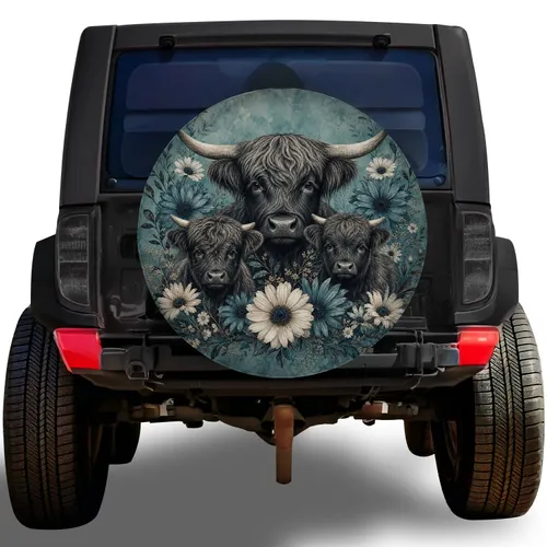Highland Cow Daisy Floral Rustic Camping Decor For RV Trailer SUV Adventure Lovers Spare Tire Cover