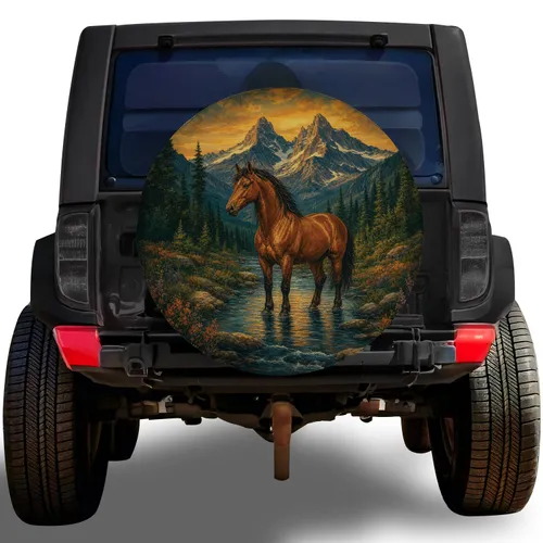 Chestnut Horse Alpine Creek Sunset Mountain Wilderness Adventure For RV SUV Truck Spare Tire Cover