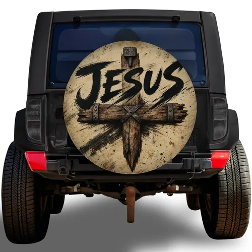 Jesus Cross Brush Lettering For Faithful RV Travel And Christian Outdoor Adventures Spare Tire Cover