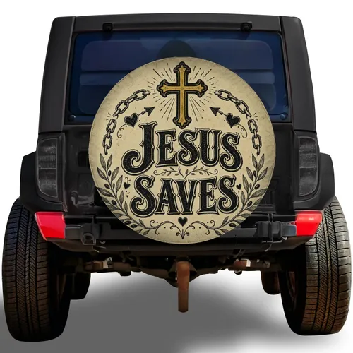 Jesus Saves Vintage Cross Christian Faith Road Trip Gift for RV and Truck Travelers Spare Tire Cover