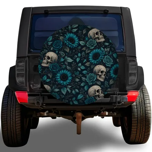 Teal Skull And Sunflower Gothic Botanical For Halloween RV Camping Travel Lovers Spare Tire Cover