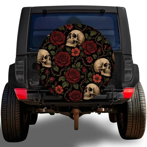 Gothic Skulls And Crimson Roses For Dark Tattoo Style Jeep SUV Adventure Drivers Spare Tire Cover