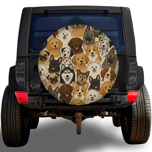 Happy Dog Faces For Pet Lovers Outdoor Road Trips Camping And SUV Travel Adventures Spare Tire Cover