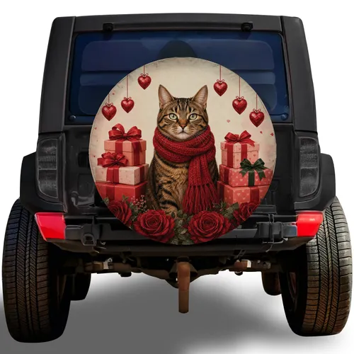 Scarfed Tabby Cat With Gifts and Hanging Hearts for Valentine's Day RV Travel Campers Spare Tire Cover