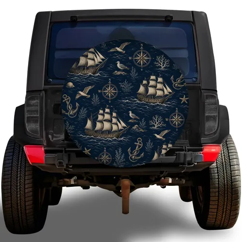 Vintage Nautical Ships And Compass Roses For Coastal RV Camping And Sailing Lovers Spare Tire Cover