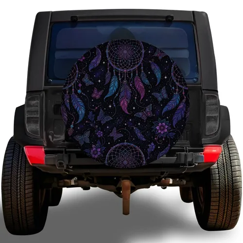 Boho Dreamcatcher And Feather Motifs for Night Road Trips Jeep SUV RV Adventurers Spare Tire Cover