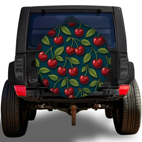Glossy Red Cherries On Deep Teal for Summer Road Trips, RV Camping, and Fruit Lovers Spare Tire Cover