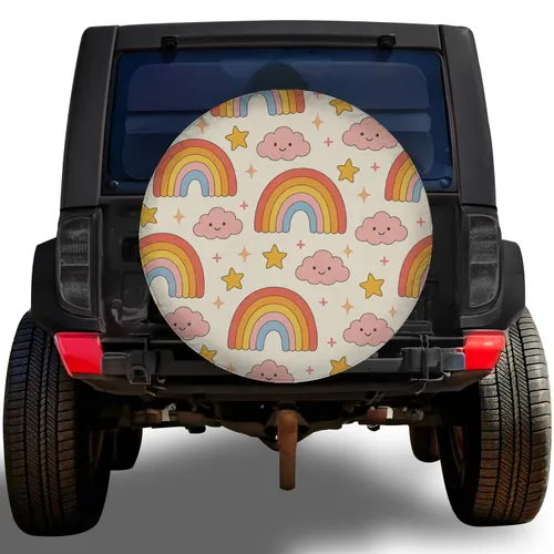 Pastel Rainbow And Smiling Clouds For Cheerful Family Camping And RV Travel Decor Spare Tire Cover