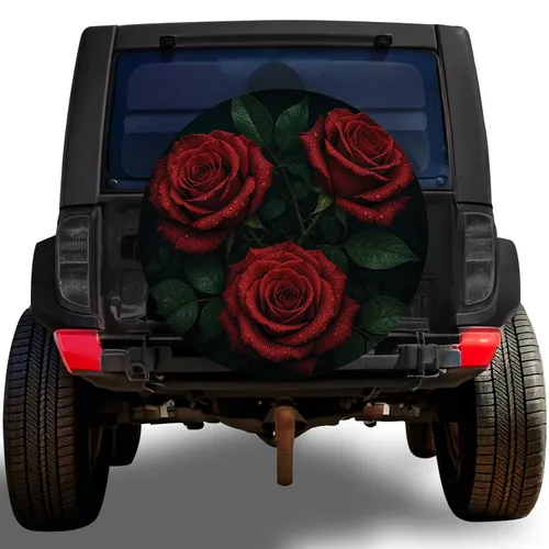 Dew-Kissed Crimson Roses For Romantic Road Trips And Garden Loving Drivers Everywhere Spare Tire Cover