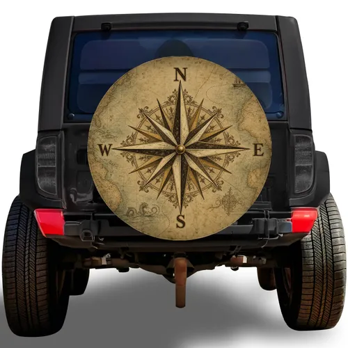 Vintage Compass Rose World Map For Adventure Travel RV Trailer And SUV Enthusiasts Spare Tire Cover