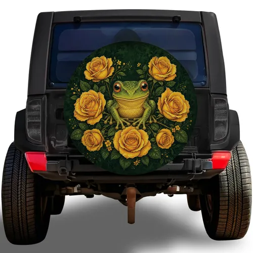 Green Tree Frog With Yellow Roses Botanical Garden Adventure Gift for Nature Lovers Spare Tire Cover