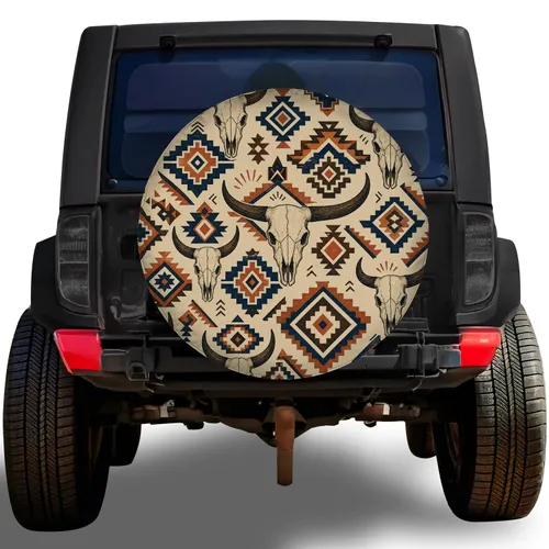 Southwestern Longhorn Skull Geometric Motif For Western RV Trailer Adventure Style Spare Tire Cover