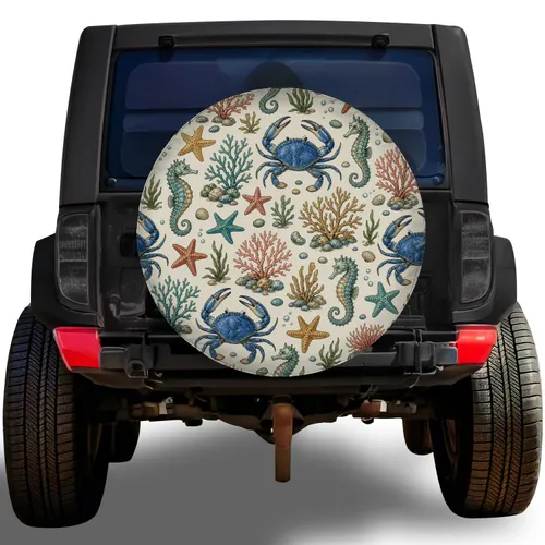 Watercolor Sea Life Coastal Style For Beach Trips RV Campers And Ocean Loving Travelers Spare Tire Cover