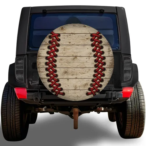 Rustic Baseball Laces On Weathered Wood For Game Day Trucks, RVs And Campers Fans Spare Tire Cover