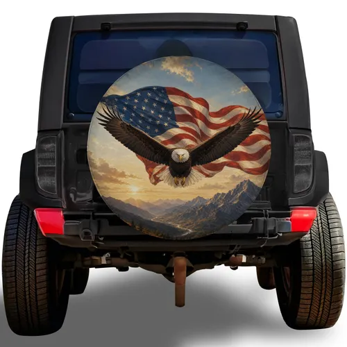 Bald Eagle American Flag Mountain Scene For Patriotic RV Camping And Outdoor Adventures Spare Tire Cover