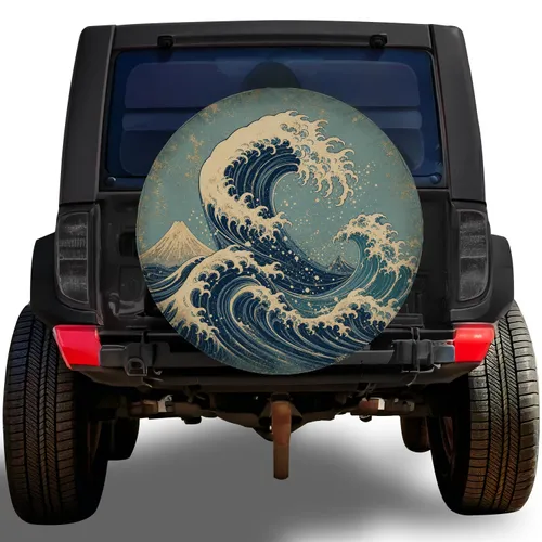 Vintage Japanese Ocean Waves for Coastal Road Trips RV SUV Camper Outdoor Adventure Spare Tire Cover