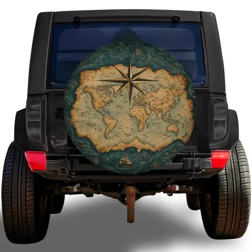 Vintage Nautical World Map And Compass Rose For RV Camping And Overland Travel Adventures Spare Tire Cover