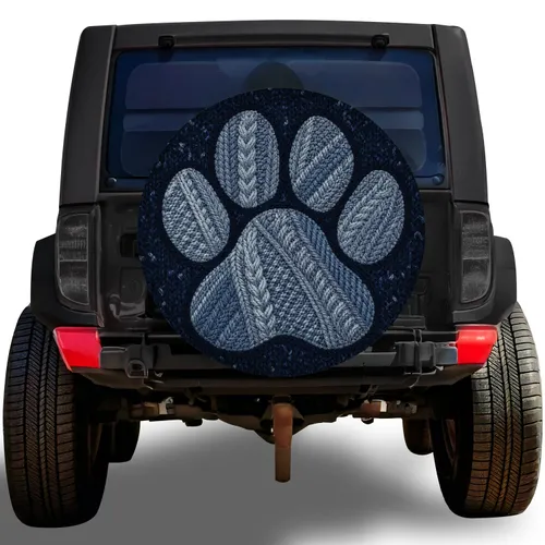 Blue Knit Dog Paw Winter Outdoor Style for Pet Lovers on Rugged Adventure Vehicles Spare Tire Cover