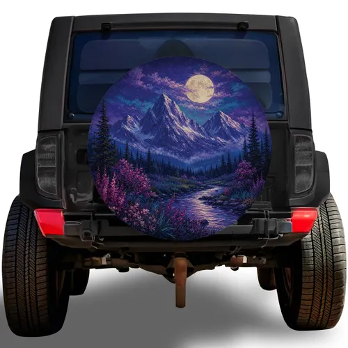 Moonlit Alpine Mountain Landscape for Night Camping, Scenic Road Trips and Overlanding Spare Tire Cover