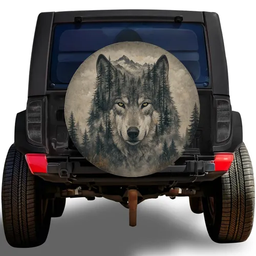 Gray Wolf Forest Mountain Outdoor Adventure For Jeep And SUV Camping Enthusiasts Spare Tire Cover