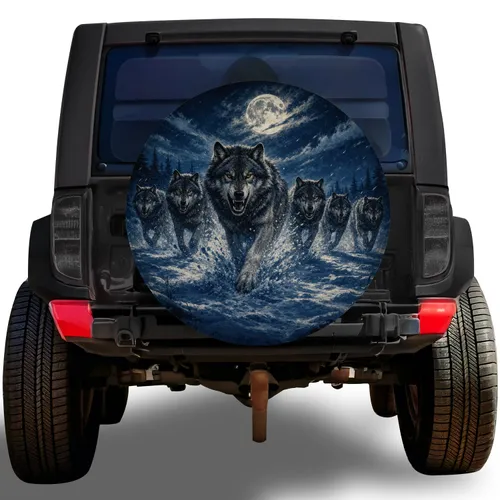 Six Running Timber Wolves Beneath Frost Moon For Off Road SUV Adventure Enthusiasts Spare Tire Cover