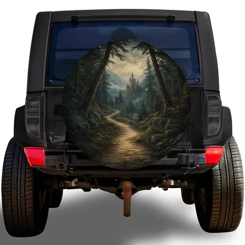 Misty Forest Castle Trail Scene For Overland Adventure Travel SUV And Jeep Enthusiasts Spare Tire Cover