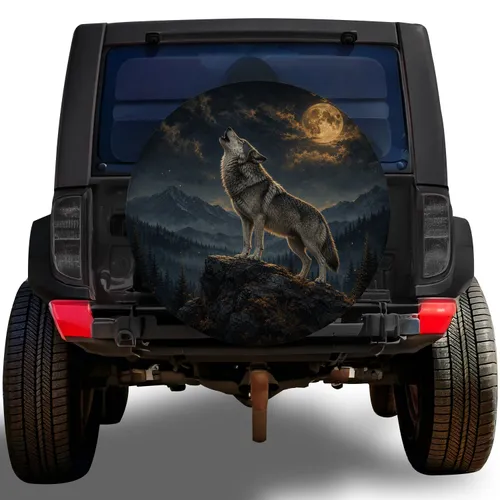 Howling Wolf Under Golden Moon for Off Road Adventure and Wilderness Freedom Lovers Spare Tire Cover