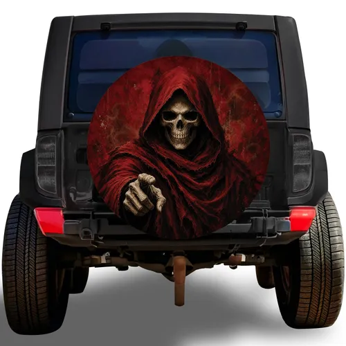 Hooded Skeleton Skull Gothic Red Outdoor Adventure Style For Dark Fantasy Drivers Spare Tire Cover