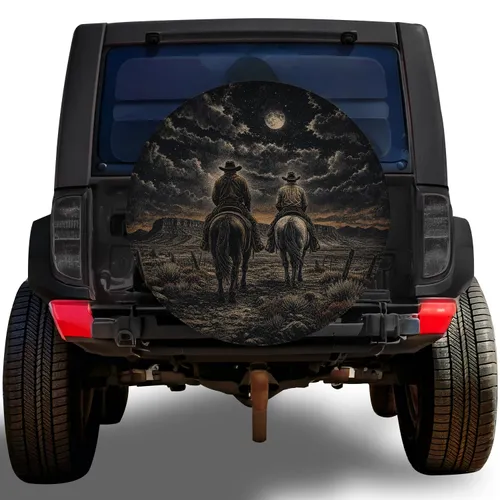Two Cowboy Riders Western Night Scene For Road Trips And Vintage Truck Enthusiasts Spare Tire Cover