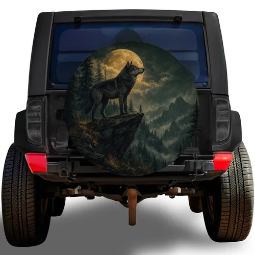 Lone Wolf And Golden Moon In Misty Pine Forest For Outdoor Adventure SUV Drivers Spare Tire Cover